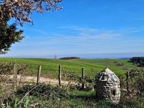 Een landelijk landschap met een stenen gebouw, mogelijk een waterput of putgebouw, omringd door een houten hek en weelderig groen.