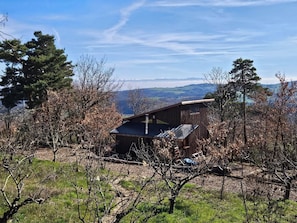 A rustic cabin with a sloped roof, surrounded by trees and a clear view of distant mountains.