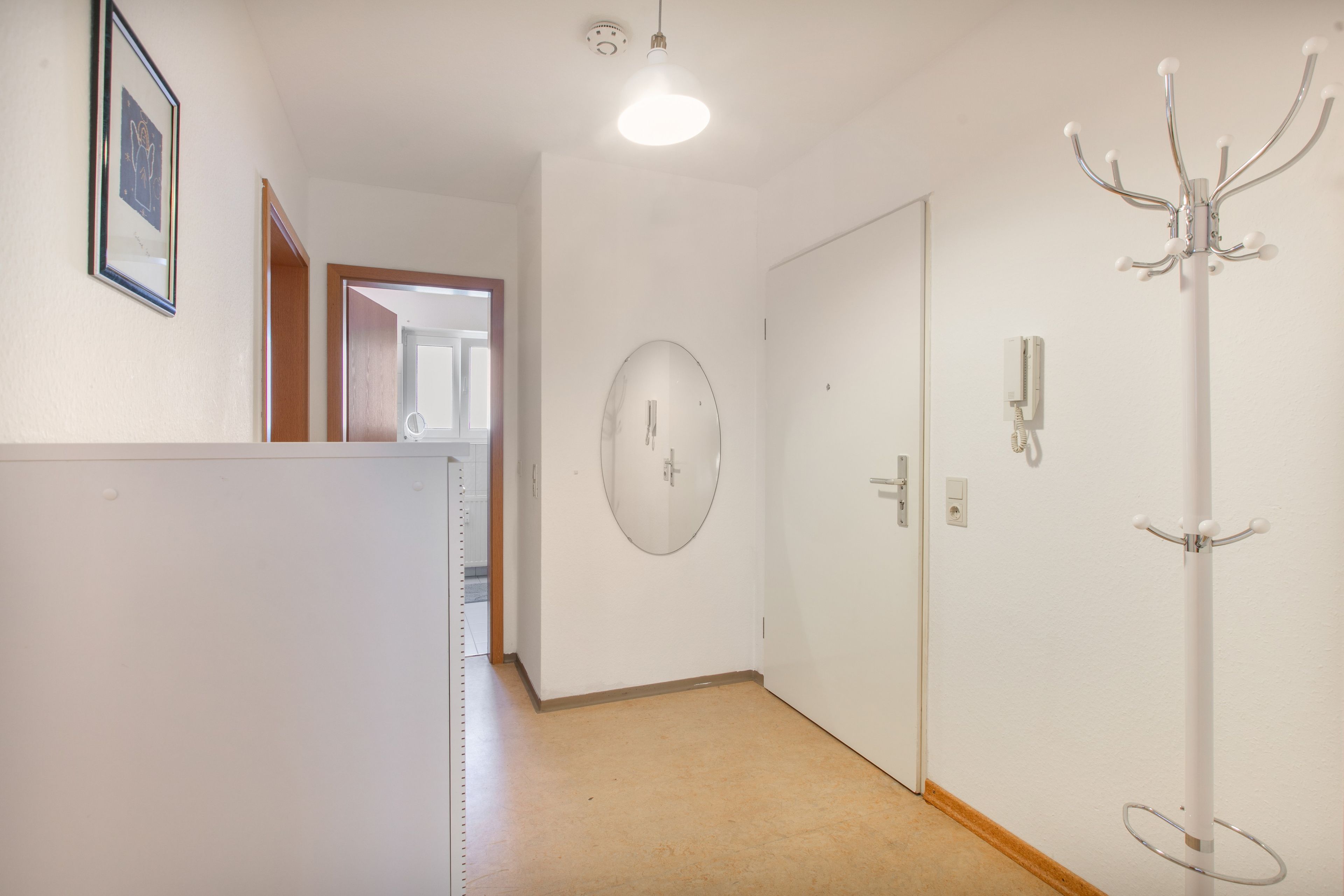 Un couloir avec une porte blanche, un porte-manteau, un tableau encadré et un luminaire.