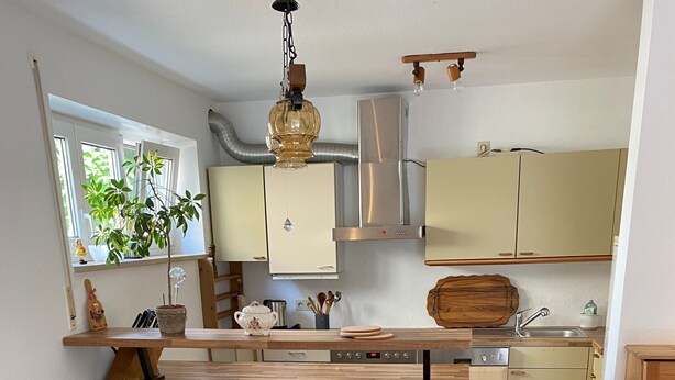 Eine kompakte Küche mit Kochinsel, ein Essbereich mit Tisch und Stühlen sowie ein Sofa im Wohnbereich.