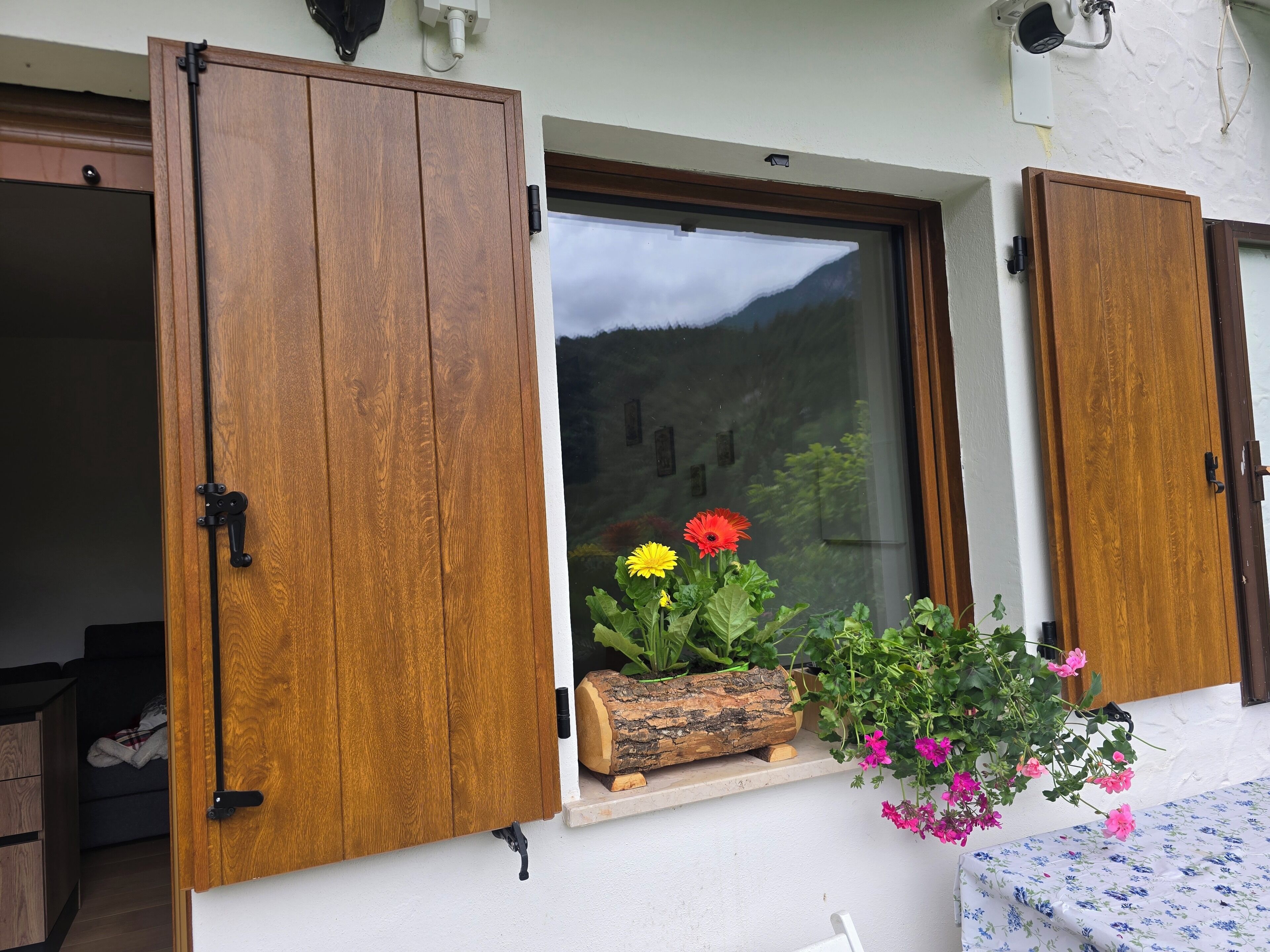 A room with wooden shutters, a window with a view of a mountain, and a shelf with flowers and a log.