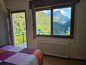 A room with a bed, a window with a mountain view, and a radiator.