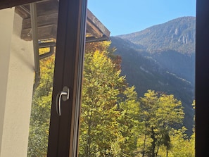 A view through a window with a metal handle, overlooking a forested mountain area.