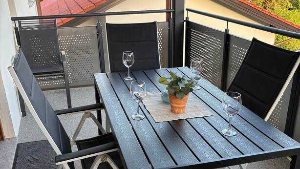 An outdoor patio with a table and chairs, a potted plant, and solar panels on the roof.