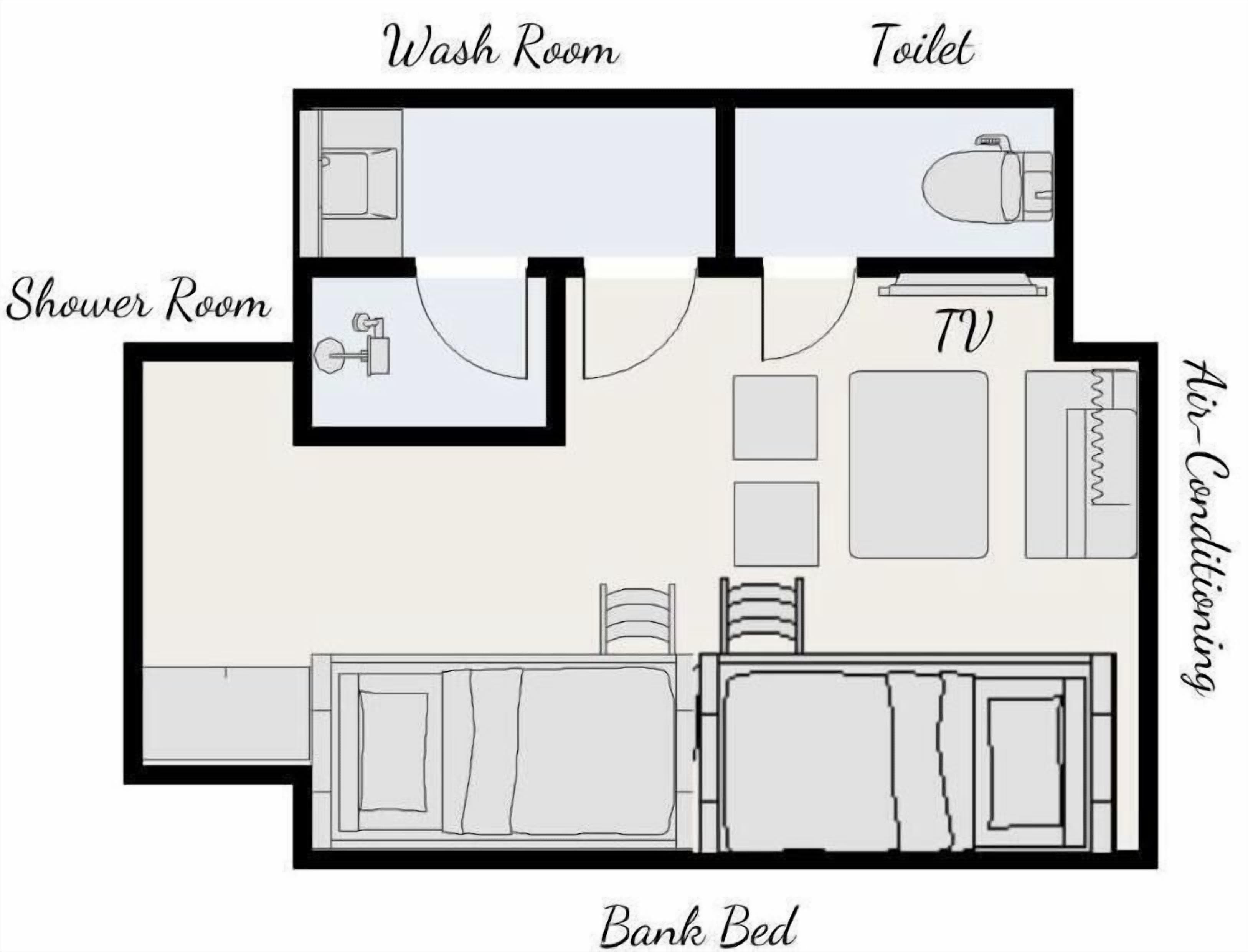 A hotel room layout with a shower room, toilet, TV, and air conditioning unit.