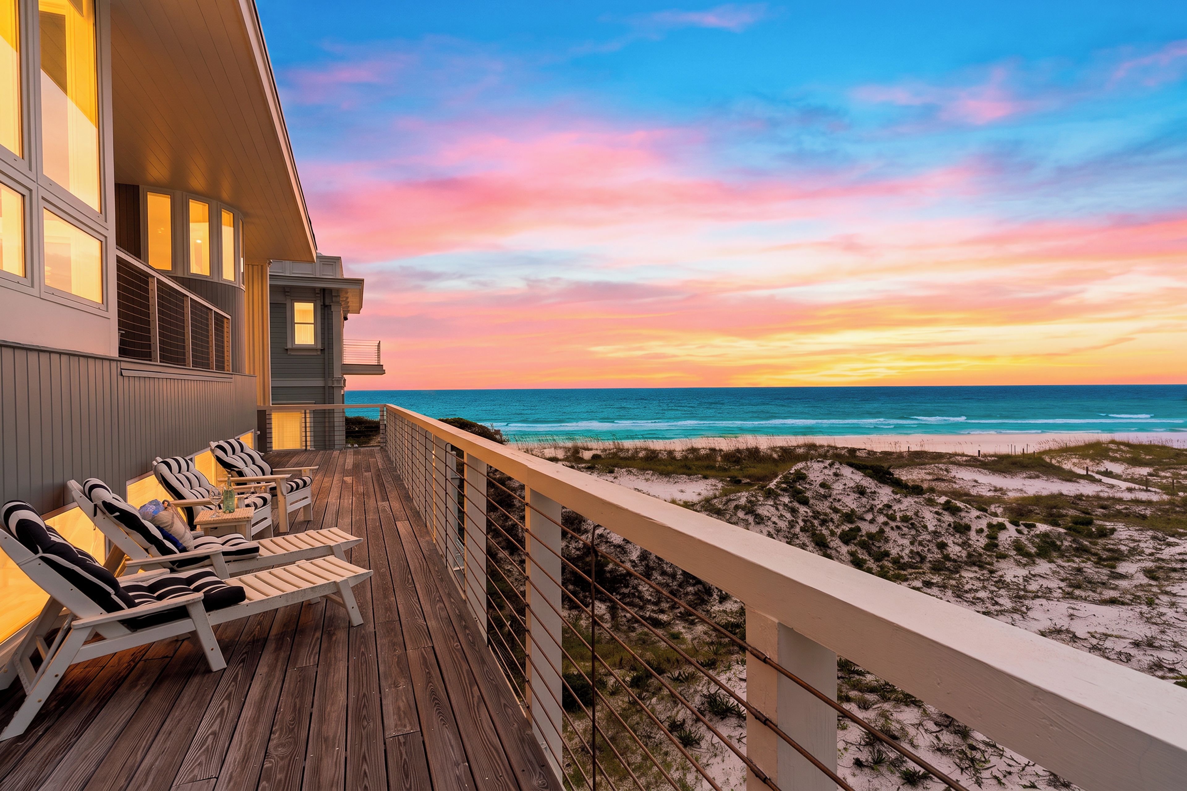 A wooden deck with lounge chairs overlooking a beach and ocean at sunset.