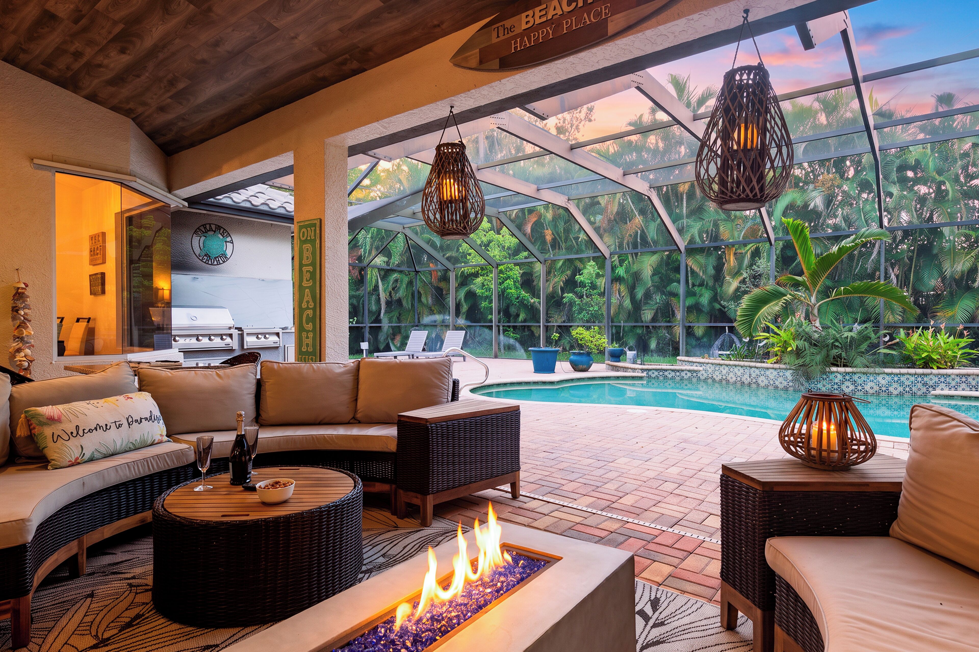 Un espace de détente aménagé au bord de la piscine, avec un foyer, des sièges extérieurs et une vue sur une piscine entourée d’une végétation luxuriante.