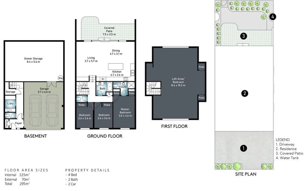 A property with a basement, ground floor, and first floor layout, including a covered patio, garage, and various rooms.