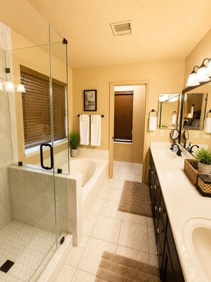 Un baño moderno con cabina de ducha de vidrio, bañera, un amplio lavamanos con espejo y una planta en maceta.