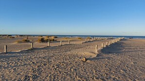 Una playa arenosa con postes de madera e huellas.