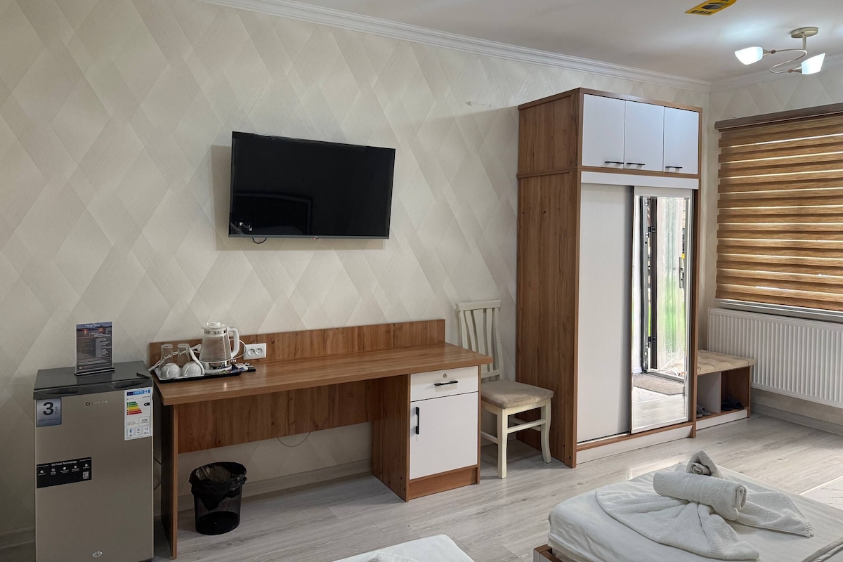 A bedroom with a bed, a desk with a chair, a television mounted on the wall, and a radiator.