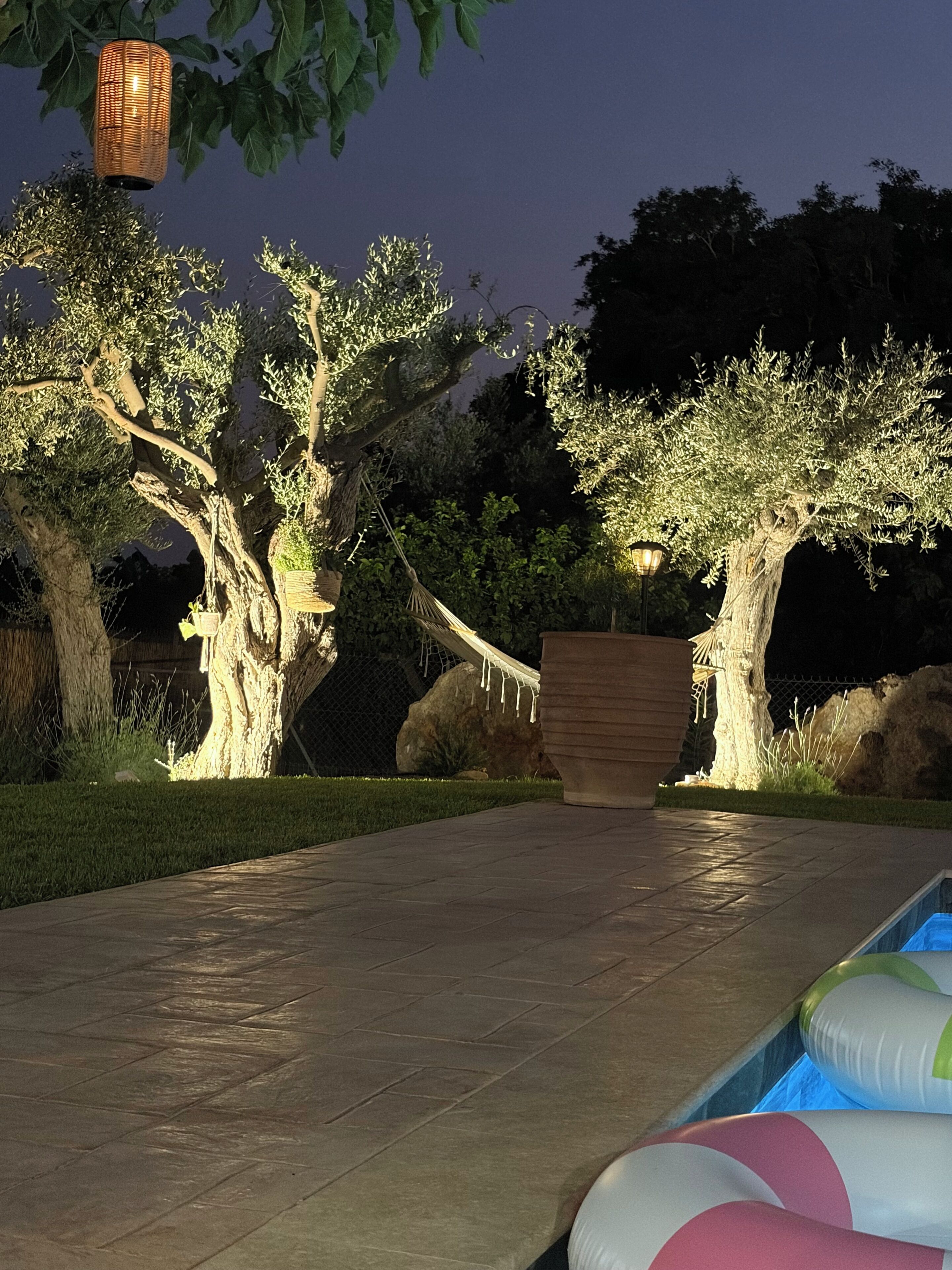 A nighttime outdoor area with a swimming pool, trees, and a hammock.