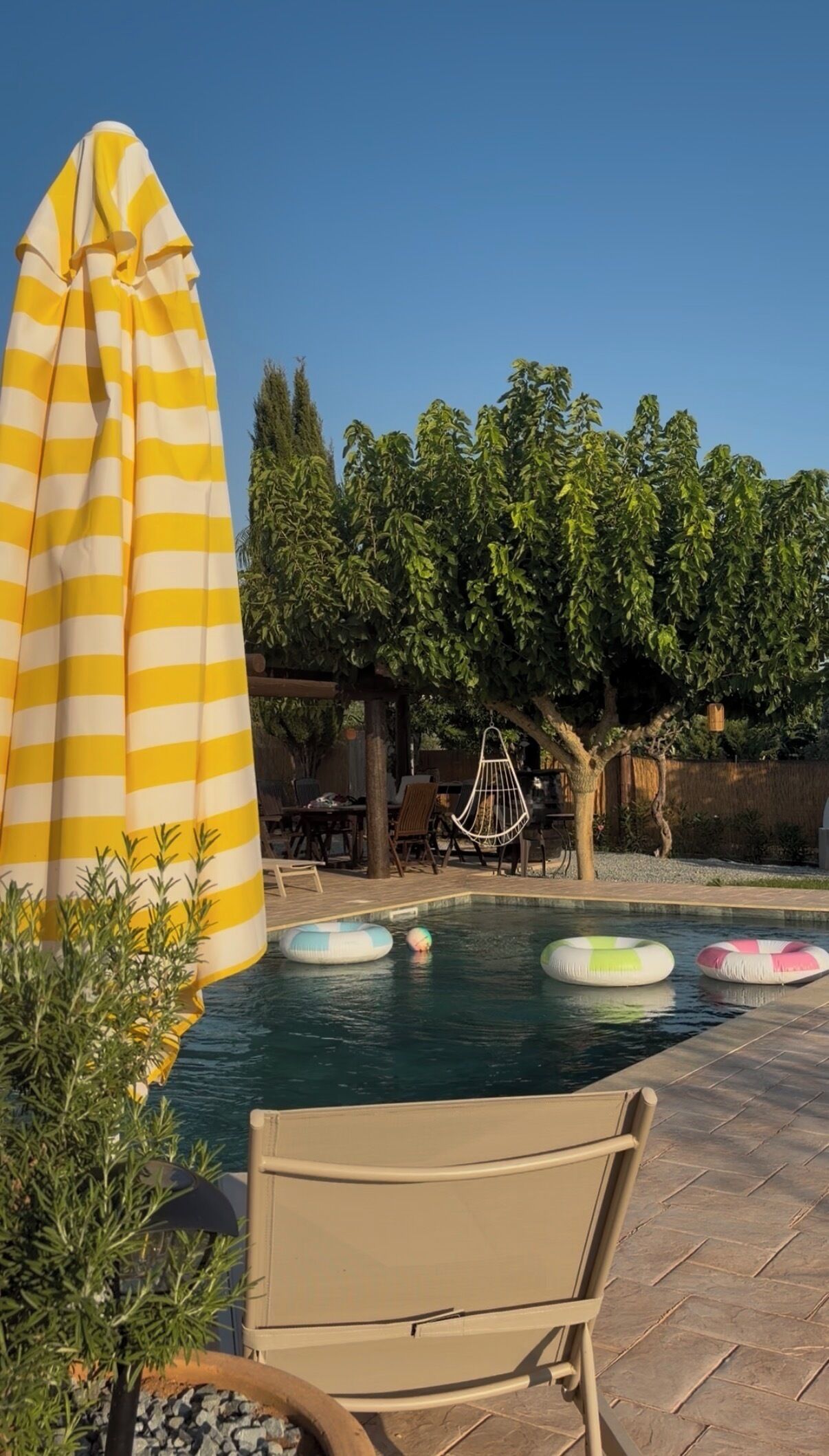 A pool area with lounge chairs, a yellow striped umbrella, and floating rings.