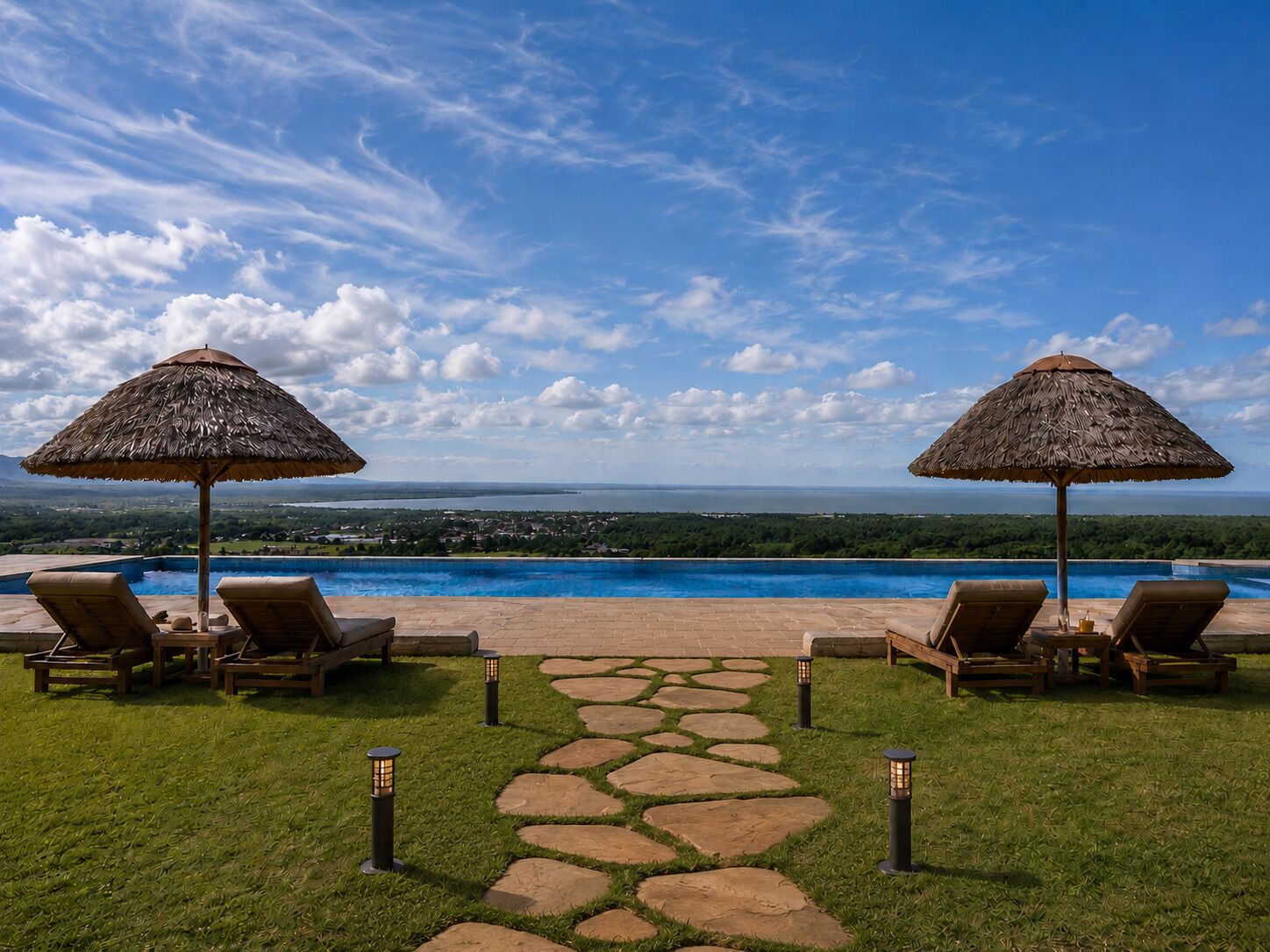 A poolside area with two lounge chairs under thatched umbrellas, a stone pathway, and a view of a body of water and distant landscape.