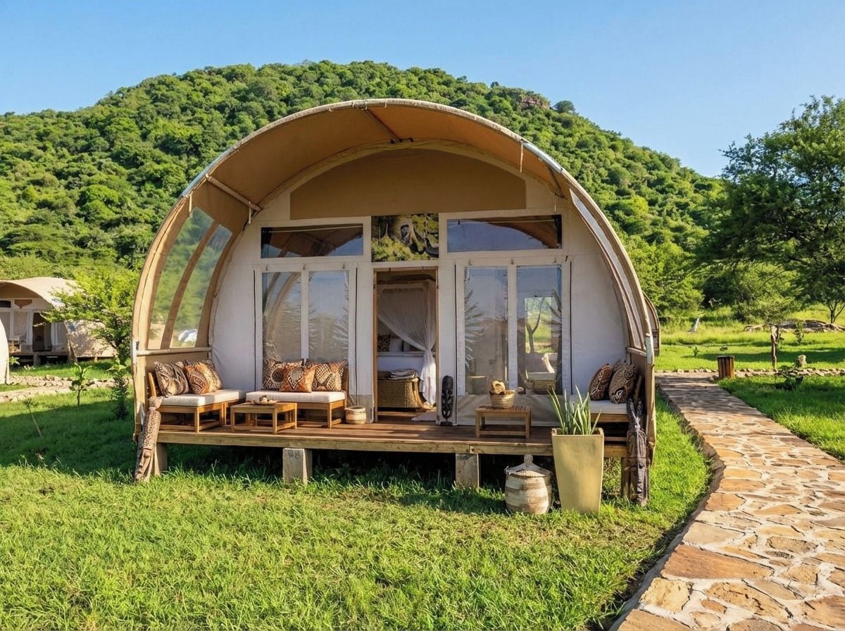 A dome-shaped structure with a porch, seating area, and potted plants.