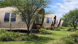 A row of dome-shaped tents with windows, surrounded by greenery and trees. - Africa Safari Manyara Migombani (mto wa mbu)
