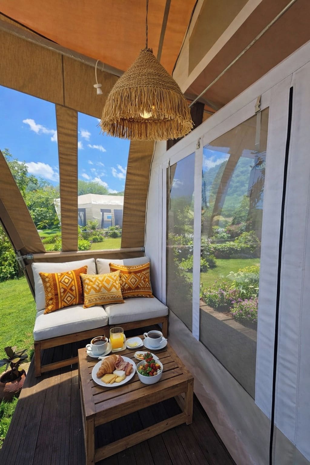 Un espacio al aire libre acogedor con un banco acolchado, una mesa de madera con alimentos para el desayuno y un colgador de luces.