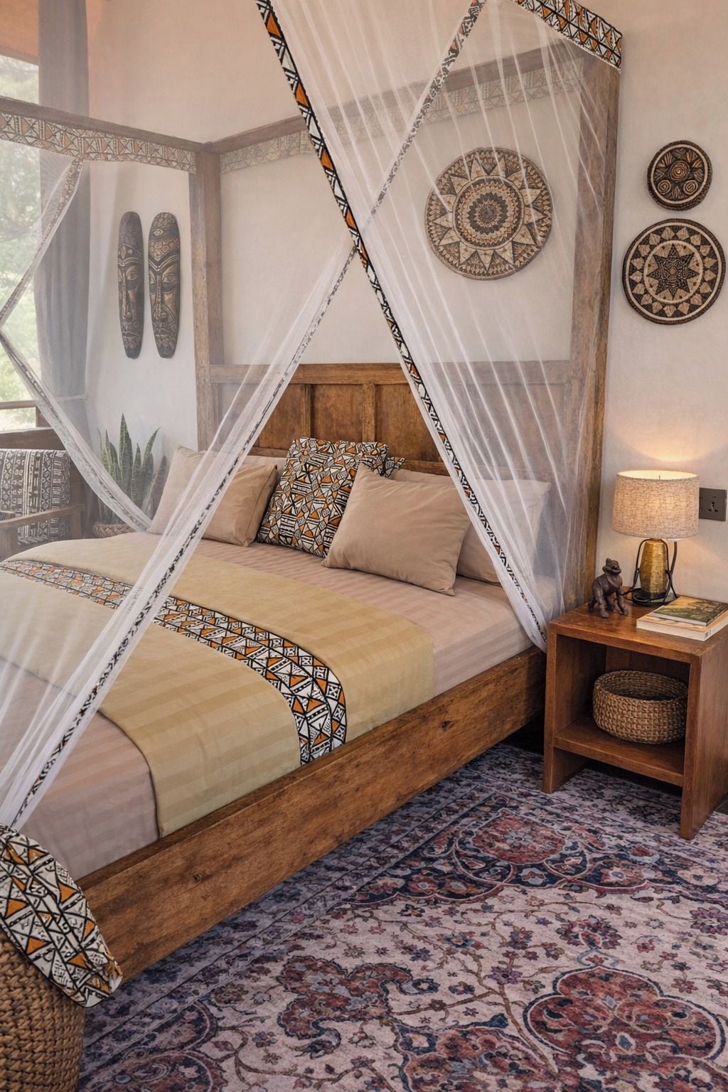 Una cama con dosel, una mesita de noche con lámpara y placas decorativas en la pared.