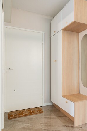 Ein Zimmer mit einer weißen Tür, einem Holzschrank mit Spiegel und einer Teppichmatte mit Muster.