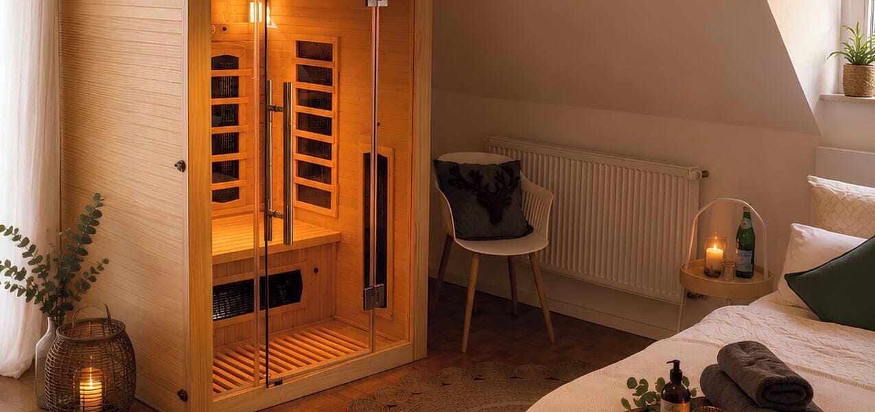 Un dormitorio con un armario de madera, una silla, una mesita de noche con una botella y una toalla enrollada.