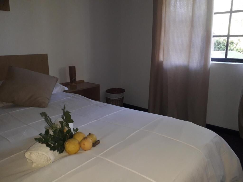 Una cama bien hecha con una colcha blanca, una toalla enrollada y una pequeña planta con flores amarillas.