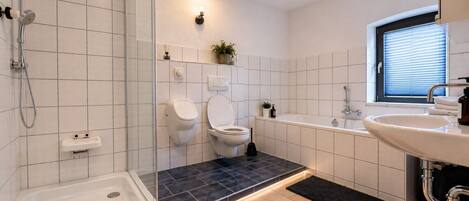 A modern bathroom with a glass shower enclosure, a toilet, a bathtub, and a sink.