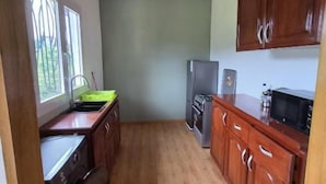 Een kleine keuken met houten kastjes, een koelkast en een magnetron.