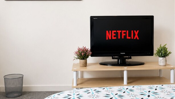 A hotel room with a bed, a TV on a stand, a small trash bin, and two potted plants. - Private Room in Wolverhampton city perfect for contractors and Fb fans (Wolverhampton)