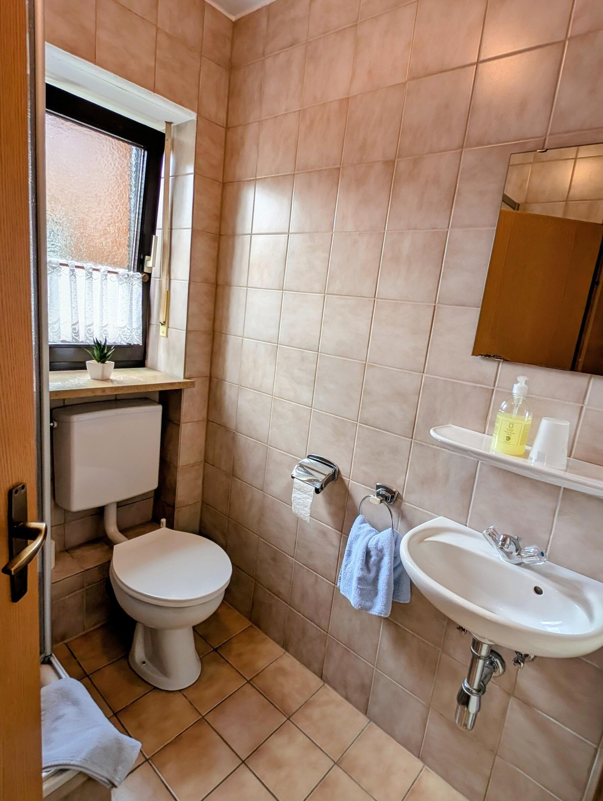Un baño con inodoro, lavabo y ventana.