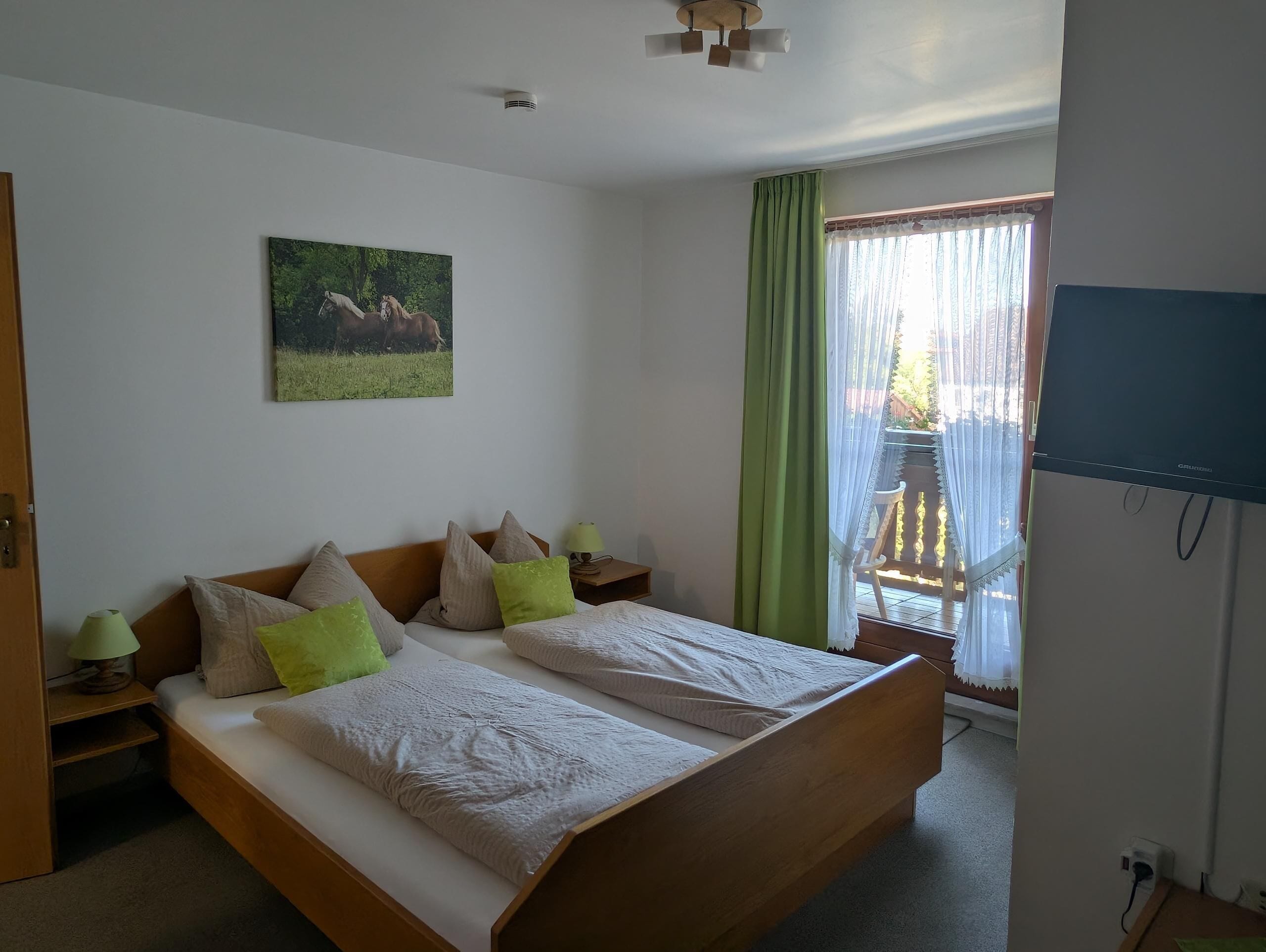 Een slaapkamer met een bed, nachtkastje, lamp, schilderij, raam met gordijnen en een televisie.