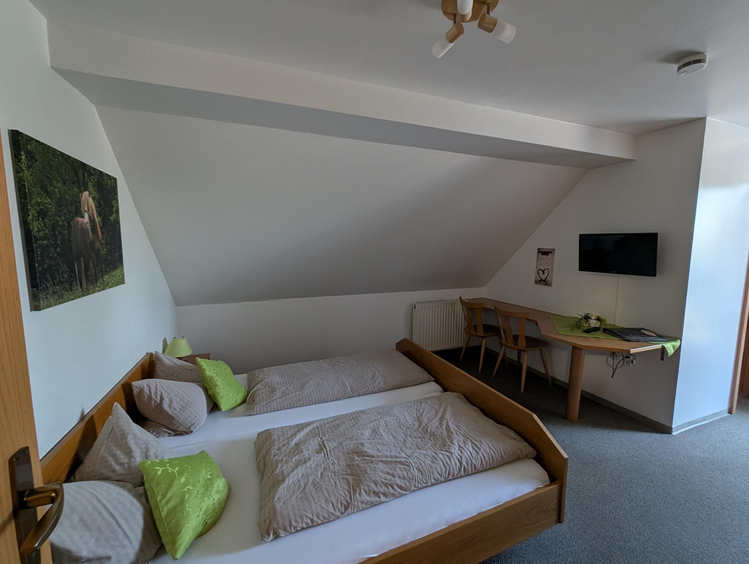 Quarto com cama, escrivaninha e televisão.