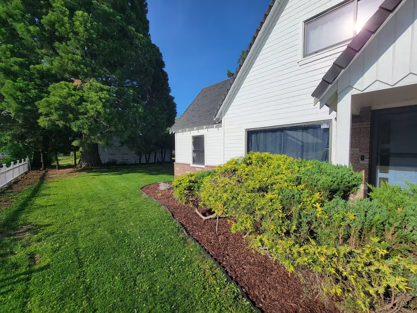 A residential property with a well-maintained lawn, a large tree, and a white house with a garage.