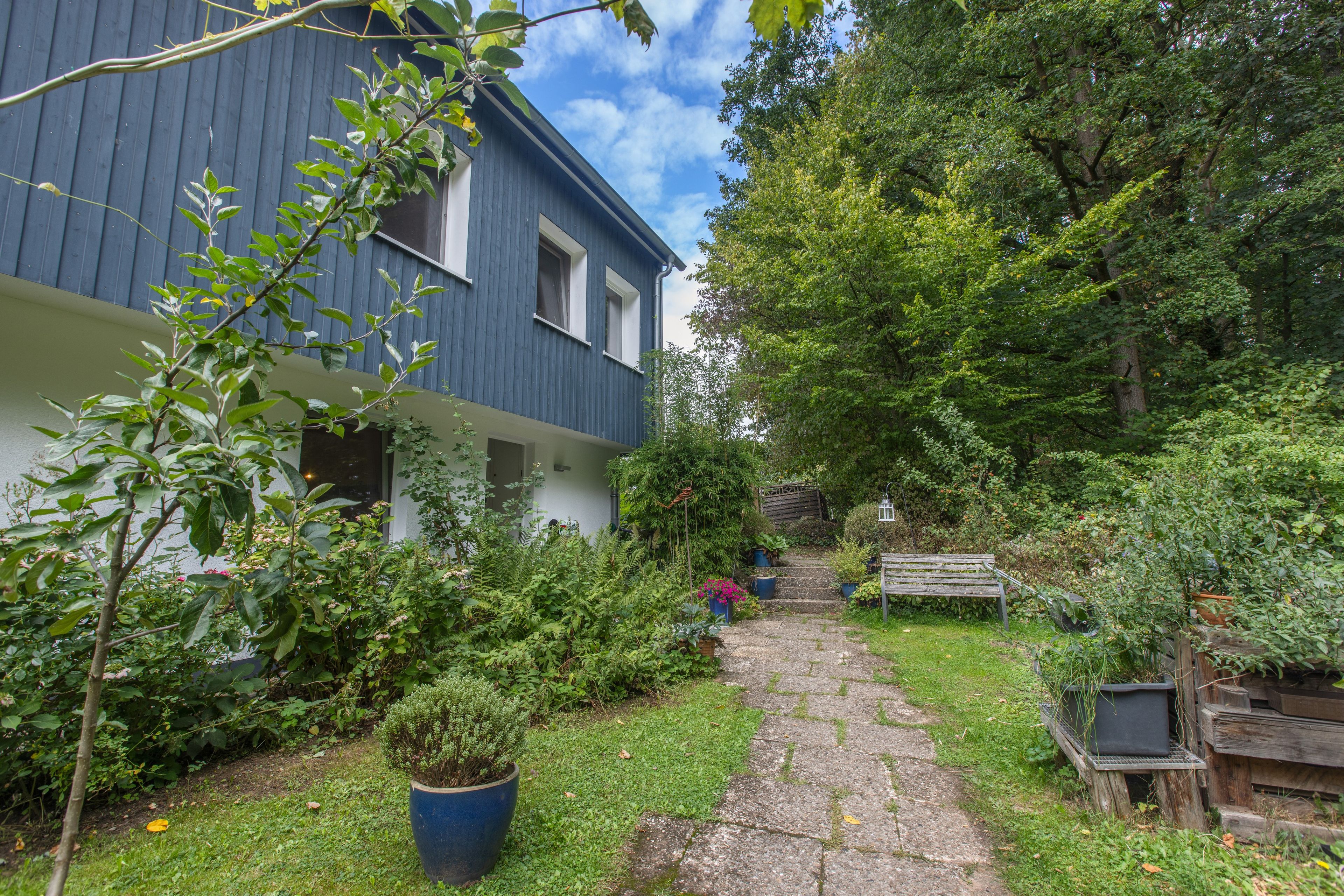 Een pad dat leidt naar een huis met een blauwe gevel, omringd door weelderig groen en een houten bankje.
