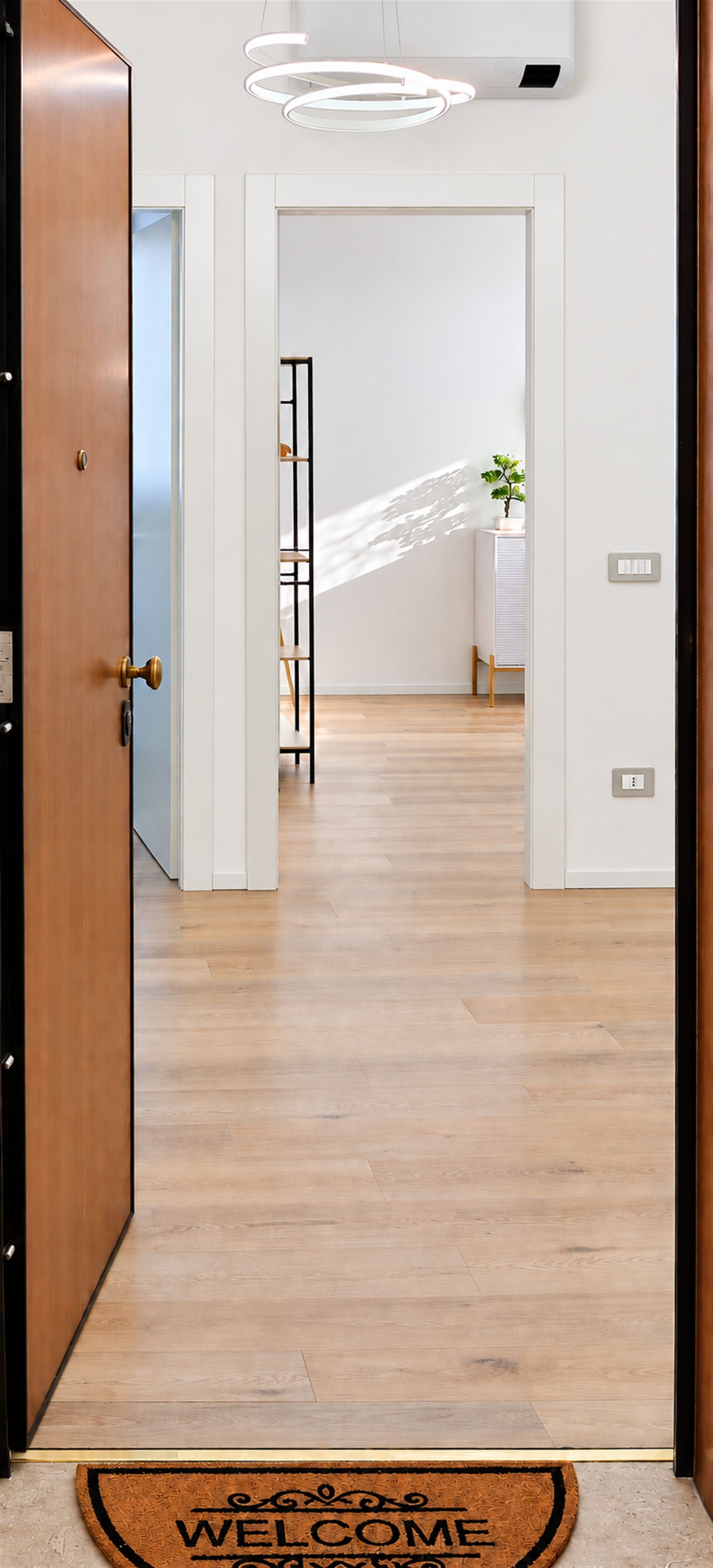 Un couloir doté d’un plancher en bois, d’un paillasson, d’un luminaire moderne et d’une porte.