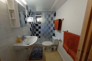 Une salle de bain avec un lavabo, des toilettes et un rideau de douche.