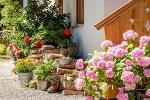 A garden with various potted plants and flowers in front of a building. - Holiday apartment with 2 bedrooms (Chieming)