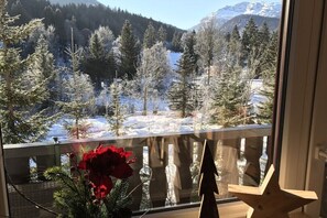 Ein Balkon mit Blick auf eine verschneite Landschaft und Bäume.
