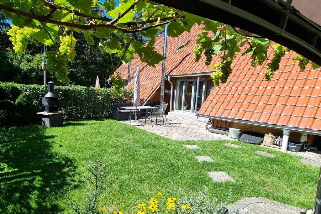 A courtyard with a tiled roof, a grassy lawn, and a patio area with outdoor furniture.