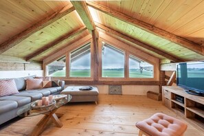 Ein gemütliches Schlafzimmer im Loft-Stil mit schrägverdeckter Decke, großen Fenstern, einer Couch, einem Couchtisch und einem Fernseher.