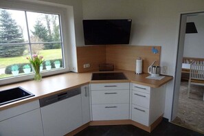 A modern kitchen with a built-in dishwasher, a sink, and a flat-screen TV mounted above the countertop. - Holiday apartment in Sarkwitz with parking (Sarkwitz)