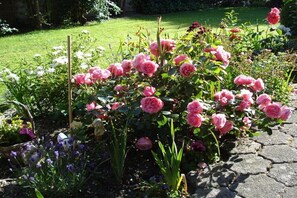 A garden with pink roses, a stone pathway, and a grassy lawn. - "Witt Hus" Home office and vacation (St-Peter Ording (Böhl))