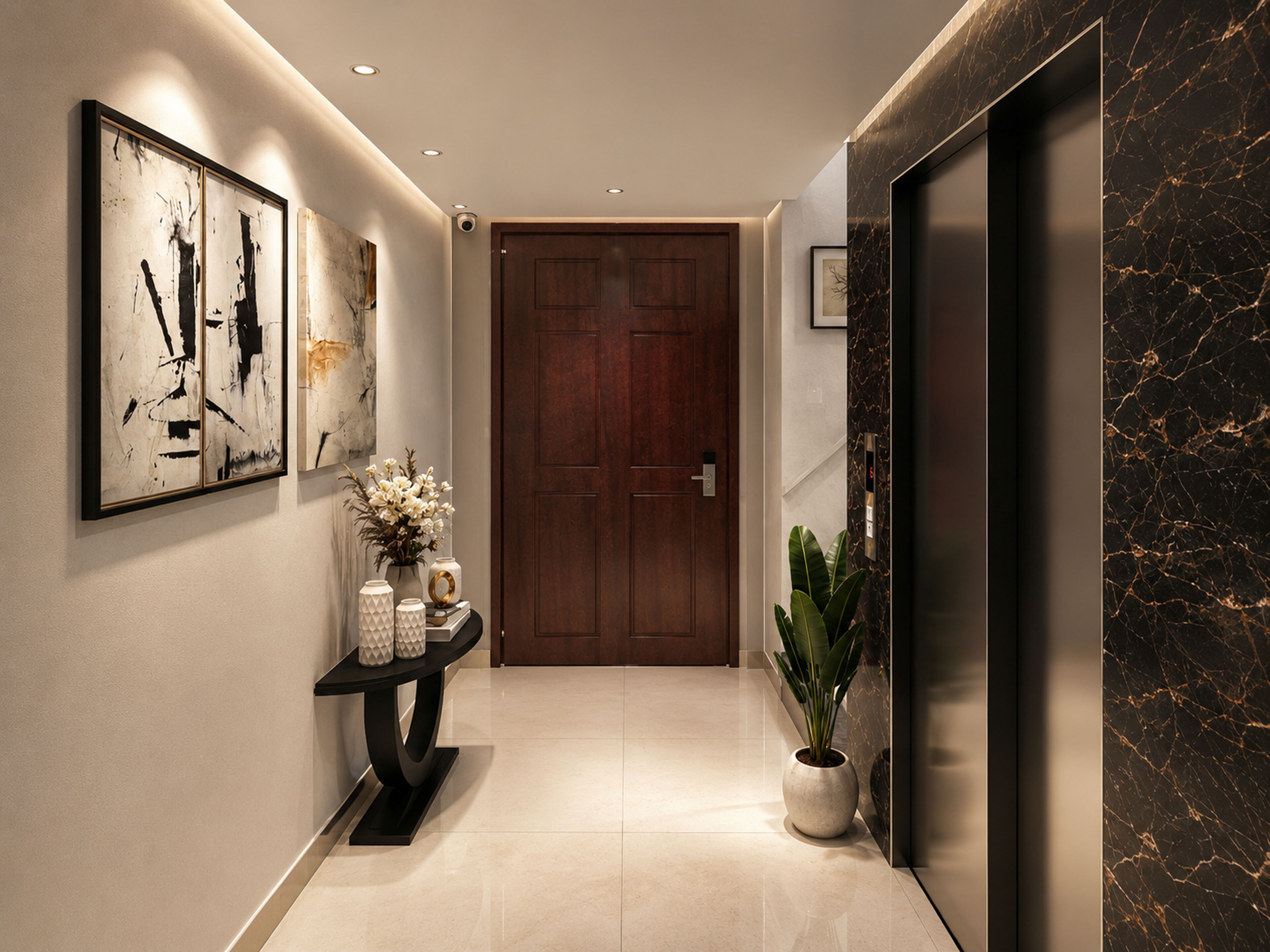 A hallway with a wooden door, a console table with decorative items, and a potted plant.