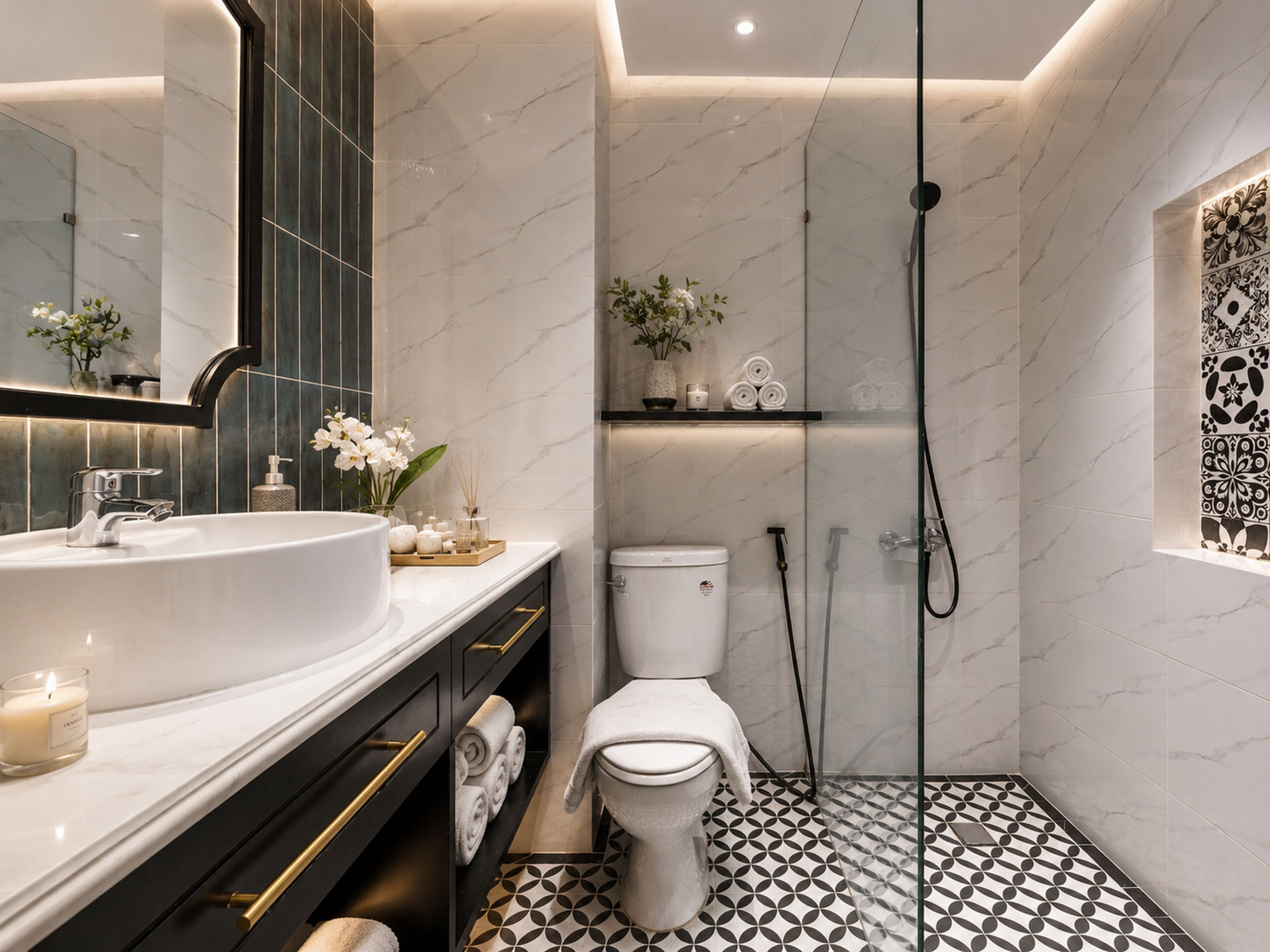 Une salle de bain moderne avec un grand lavabo, des toilettes et une douche.