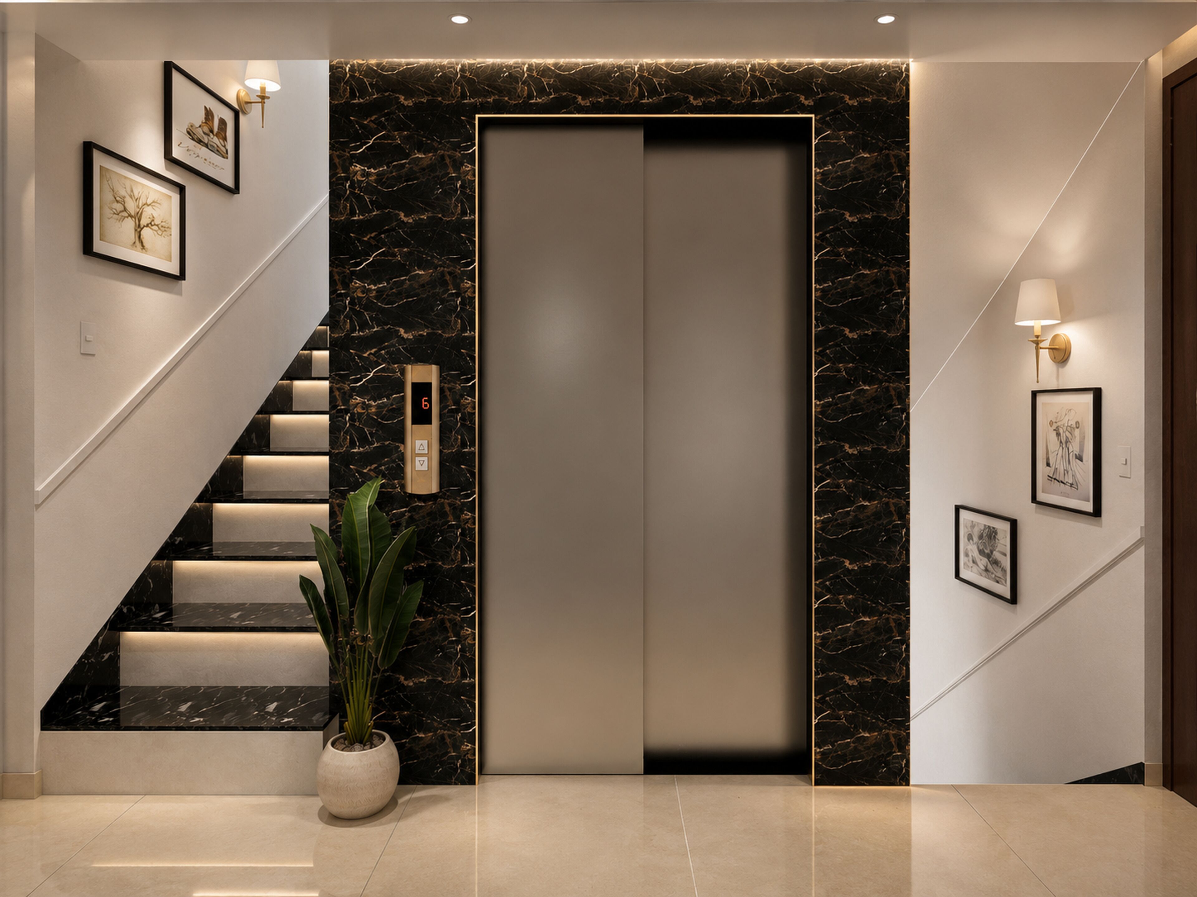 Un ascenseur moderne avec un mur en marbre, un escalier dont les marches sont illuminées et des œuvres d’art accrochées au mur.
