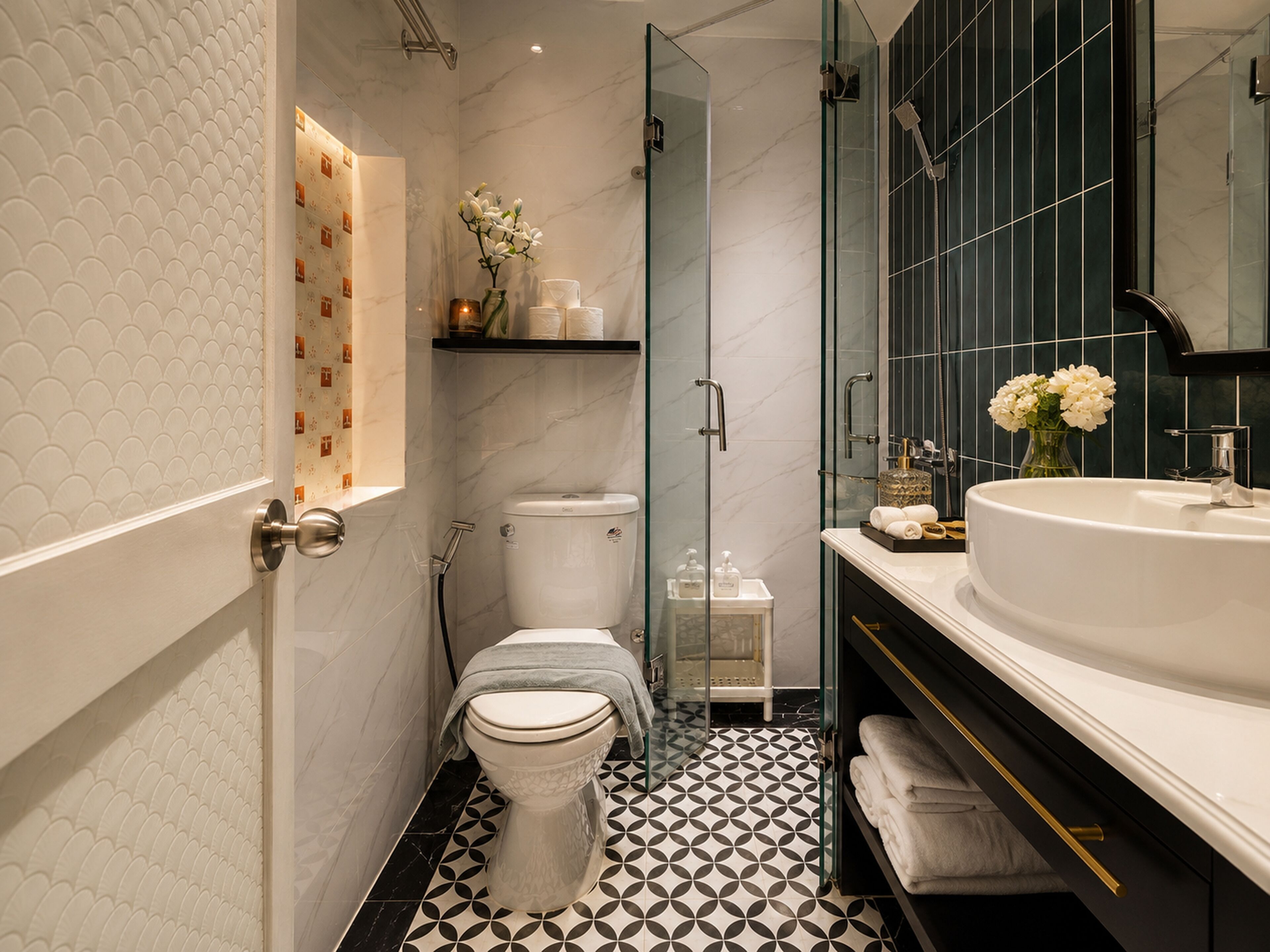 A modern bathroom with a toilet, shower, and sink.