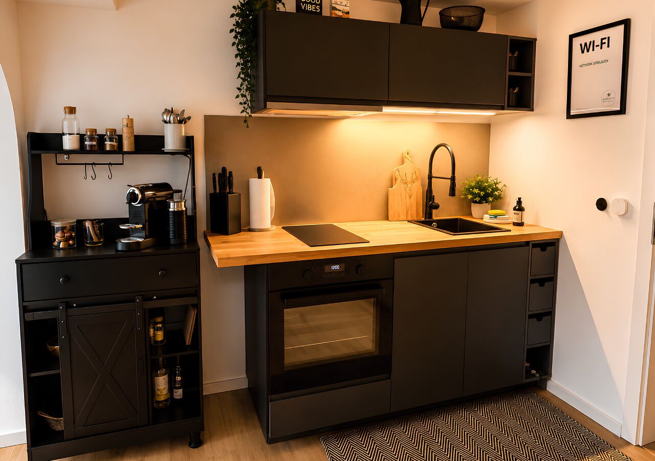 A compact kitchen with a built-in oven, a sink, and a countertop.