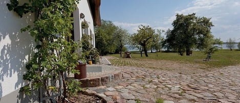 Un patio con un sendero de piedra, un edificio blanco con una pared cubierta de hiedra y árboles al fondo.