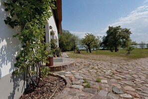 A courtyard with a stone pathway, a white building with a vine-covered wall, and trees in the background. - Holiday apartment with 1 bedroom (Usedom)