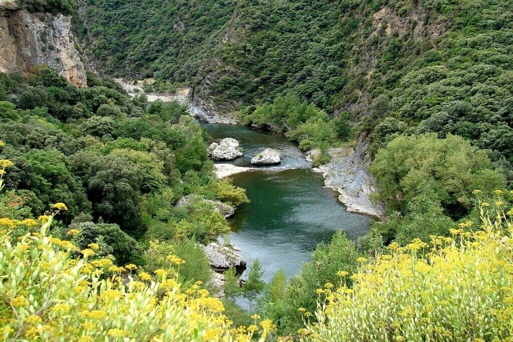 A river flowing through a valley with dense greenery and rocky outcrops.