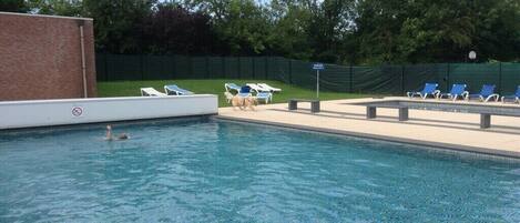 A swimming pool with lounge chairs and a no swimming sign.